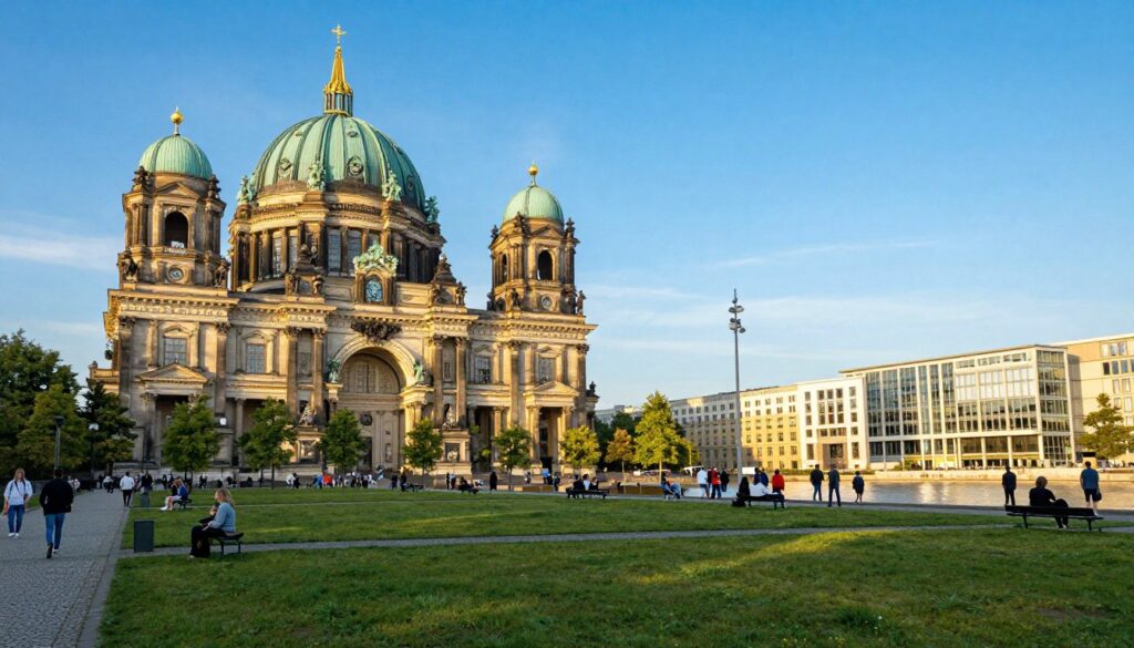 A stunning view of the Museum Island in Berlin, showcasing its iconic architecture against a bright blue sky. In the foreground, a lush green park with visitors strolling leisurely, some sitting on benches. The middle ground features the magnificent Berlin Cathedral, with its large dome and intricate details, while nearby, the various museum facades blend neoclassical and modern designs. In the background, the Spree River glistens under a warm, golden afternoon light, reflecting the historical buildings. The atmosphere is lively yet serene, inviting exploration. The scene is captured from a low angle, emphasizing the grandeur of the architecture and the vibrant city life, with soft shadows adding depth to the image.