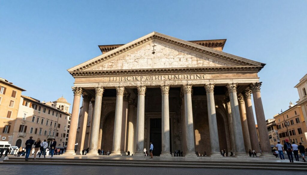 A stunning view of the Pantheon in Rome, showcasing its magnificent dome and grand columns. In the foreground, there are elegant stone steps leading up to the building, with soft sunlight illuminating the entrance. The middle section features the Pantheon’s iconic portico, with detailed Corinthian columns casting delicate shadows. In the background, a clear blue sky frames the historic structure, adding to the vibrant atmosphere. The scene is bustling with visitors dressed in casual yet neat clothing, admiring the architecture. The lighting is warm and inviting, capturing the grandeur of this architectural masterpiece. The perspective is slightly angled upward, emphasizing the impressive dome and its oculus, creating a sense of depth and awe. A stunning view of the Pantheon in Rome, showcasing its magnificent dome and grand columns. In the foreground, there are elegant stone steps leading up to the building, with soft sunlight illuminating the entrance. The middle section features the Pantheon’s iconic portico, with detailed Corinthian columns casting delicate shadows. In the background, a clear blue sky frames the historic structure, adding to the vibrant atmosphere. The scene is bustling with visitors dressed in casual yet neat clothing, admiring the architecture. The lighting is warm and inviting, capturing the grandeur of this architectural masterpiece. The perspective is slightly angled upward, emphasizing the impressive dome and its oculus, creating a sense of depth and awe.
