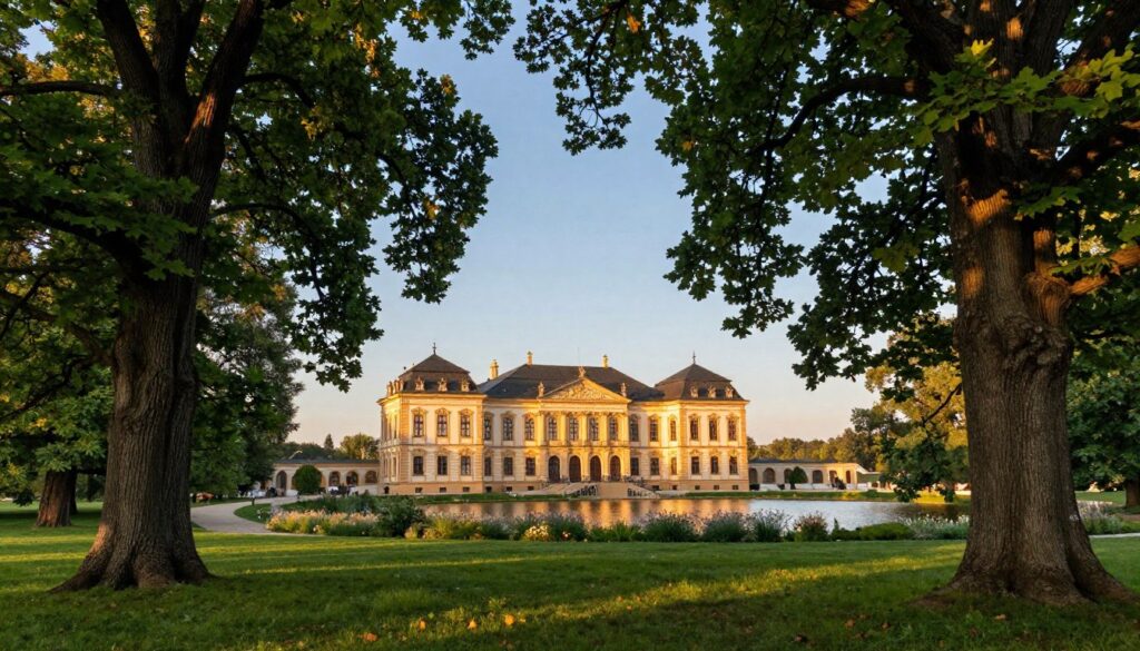 A stunning view of the Rogalin Palace surrounded by ancient oak trees, set in a lush green landscape of Wielkopolska, Poland. In the foreground, majestic oak trees with thick trunks and rich green foliage create a natural frame. The palace, an elegant historical building with intricate architectural details, sits gracefully in the middle, with its warm-colored façade reflecting the soft golden sunlight. The background reveals a serene lake with gentle ripples, bordered by blooming wildflowers under a clear blue sky. The scene is illuminated by a warm, late afternoon glow, casting soft shadows and creating a tranquil atmosphere. Shot with a wide-angle lens to capture the grandeur of the palace and its enchanting surroundings.