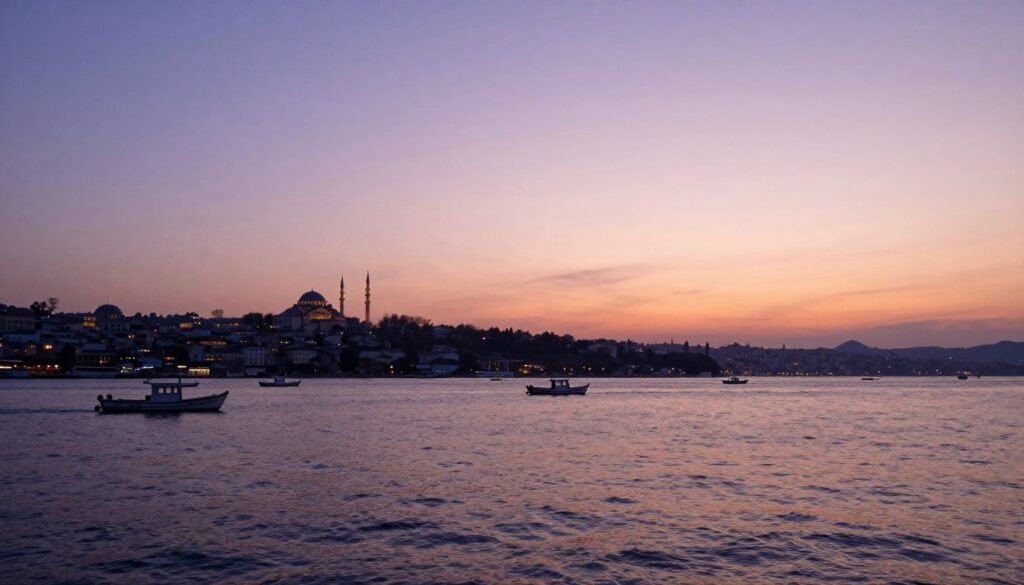 A stunning view of the Sea of Marmara, showcasing its tranquil waters reflecting the soft hues of a sunset. In the foreground, gentle waves create delicate ripples, while small fishing boats can be seen bobbing calmly. The middle ground features the iconic silhouette of Istanbul's skyline, with minarets and ancient architecture illuminated by the warm light of dusk. In the background, the distant hills of the Anatolian side rise against the sky, painted in shades of purples and oranges. The atmosphere is peaceful and serene, capturing the essence of this historic body of water that connects Europe and Asia. The scene is photographed from a low angle, emphasizing the vastness of the sea and the sky, with soft, natural lighting enhancing the mood.