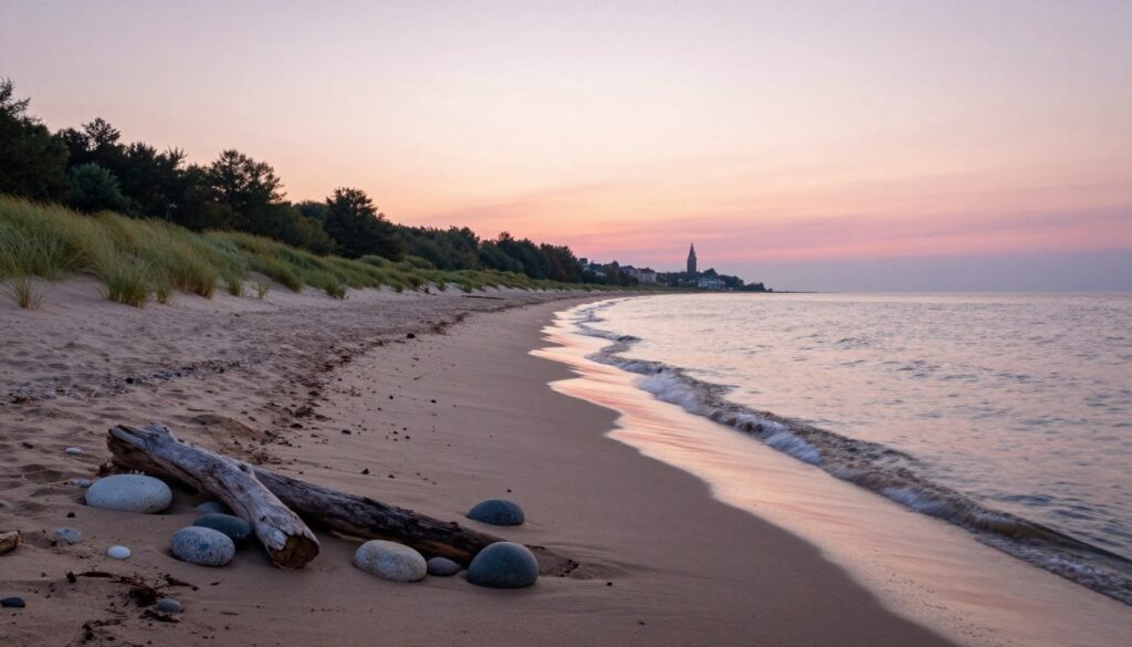 A tranquil Baltic Sea coastline at dawn, featuring gentle waves lapping against the sandy shore. In the foreground, a cluster of smooth stones and driftwood rests on the beach. The middle ground shows a serene landscape with rolling sand dunes, dotted with patches of vibrant green dune grass. A distant silhouette of the Kaliningrad region's characteristic architecture emerges along the horizon. The sky is painted in soft pastels of pink and orange, reflecting the early morning light. The angle is slightly elevated, capturing the expansive view of both land and sea. The mood is peaceful and contemplative, inviting viewers to reflect on the significance of this unique geographical area. A tranquil Baltic Sea coastline at dawn, featuring gentle waves lapping against the sandy shore. In the foreground, a cluster of smooth stones and driftwood rests on the beach. The middle ground shows a serene landscape with rolling sand dunes, dotted with patches of vibrant green dune grass. A distant silhouette of the Kaliningrad region's characteristic architecture emerges along the horizon. The sky is painted in soft pastels of pink and orange, reflecting the early morning light. The angle is slightly elevated, capturing the expansive view of both land and sea. The mood is peaceful and contemplative, inviting viewers to reflect on the significance of this unique geographical area.