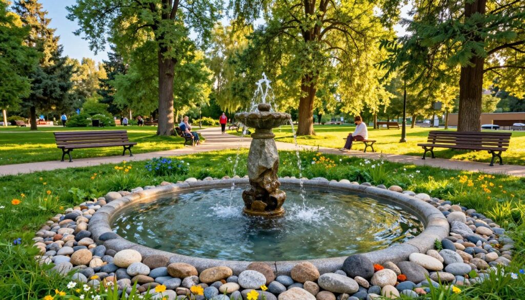 A tranquil scene depicting a natural saline spring (źródełko solankowe) in a lush green park setting, with gently flowing water from a stone fountain. In the foreground, the spring is surrounded by smooth pebbles and vibrant wildflowers, creating a serene and inviting atmosphere. In the middle ground, there are well-maintained pathways lined with quaint benches where visitors can relax. The background features tall, swaying trees under a clear blue sky, letting golden sunlight filter through their leaves, illuminating the scene with a warm glow. The mood is peaceful and rejuvenating, ideal for showcasing the region's wellness traditions. Use a wide-angle lens to capture the whole scene in a bright and vivid color palette. A tranquil scene depicting a natural saline spring (źródełko solankowe) in a lush green park setting, with gently flowing water from a stone fountain. In the foreground, the spring is surrounded by smooth pebbles and vibrant wildflowers, creating a serene and inviting atmosphere. In the middle ground, there are well-maintained pathways lined with quaint benches where visitors can relax. The background features tall, swaying trees under a clear blue sky, letting golden sunlight filter through their leaves, illuminating the scene with a warm glow. The mood is peaceful and rejuvenating, ideal for showcasing the region's wellness traditions. Use a wide-angle lens to capture the whole scene in a bright and vivid color palette.