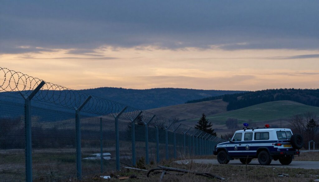 A tranquil yet tense landscape illustrating the eastern border of Ukraine with Russia, emphasizing themes of security. In the foreground, a detailed fence with barbed wire symbolizes the border's fortification, while a patrol vehicle is positioned nearby, signaling vigilance. The middle ground features a panoramic view of rolling hills and forests, hinting at the natural beauty of the region, contrasting with its geopolitical significance. In the background, a soft dawn sky transitions from shades of dark blue to warm amber, creating a hopeful atmosphere yet hinting at the seriousness of security concerns. The lighting is soft and natural, capturing the early morning light, with a focus on clarity to evoke a sense of watchfulness and caution. The scene is devoid of people, ensuring a focus on the surroundings and the overall theme of safety and security. A tranquil yet tense landscape illustrating the eastern border of Ukraine with Russia, emphasizing themes of security. In the foreground, a detailed fence with barbed wire symbolizes the border's fortification, while a patrol vehicle is positioned nearby, signaling vigilance. The middle ground features a panoramic view of rolling hills and forests, hinting at the natural beauty of the region, contrasting with its geopolitical significance. In the background, a soft dawn sky transitions from shades of dark blue to warm amber, creating a hopeful atmosphere yet hinting at the seriousness of security concerns. The lighting is soft and natural, capturing the early morning light, with a focus on clarity to evoke a sense of watchfulness and caution. The scene is devoid of people, ensuring a focus on the surroundings and the overall theme of safety and security.