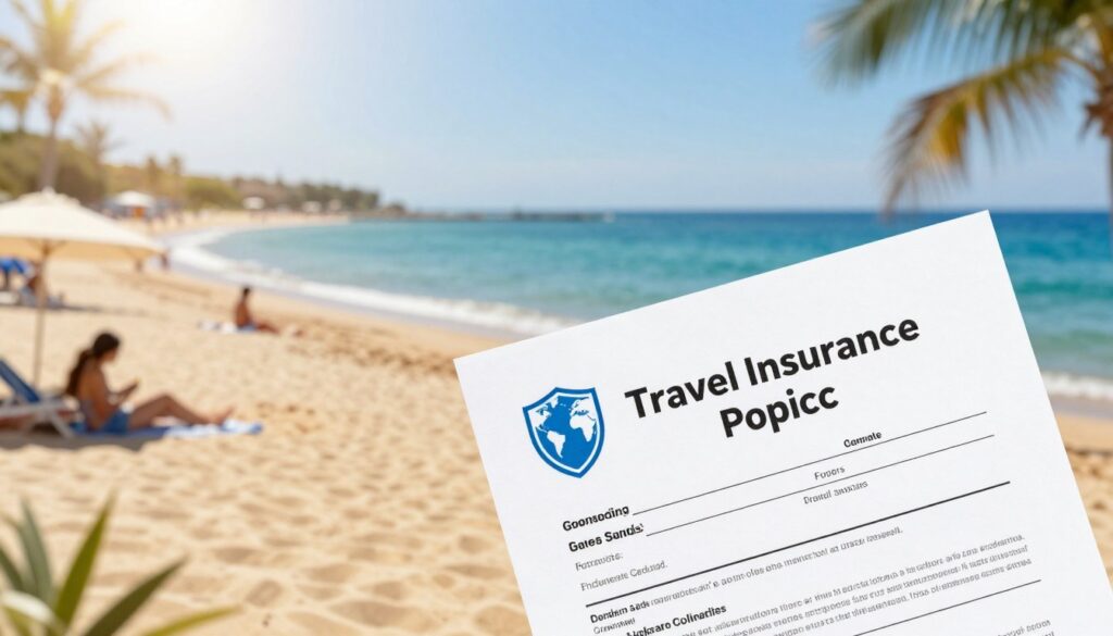A travel insurance policy document prominently displayed in the foreground, featuring symbols of security and protection such as a shield and a globe. In the middle ground, a serene beach scene of Golden Sands, Bulgaria, with golden sandy beaches, calm turquoise waters, and a clear blue sky. Background elements include tourists enjoying the sun, with palm trees swaying gently in the breeze. Soft natural lighting enhances the warm ambiance, with a slight lens flare effect to evoke a feeling of relaxation and safety. The overall mood is inviting and reassuring, emphasizing the importance of travel insurance in planning a worry-free getaway. A travel insurance policy document prominently displayed in the foreground, featuring symbols of security and protection such as a shield and a globe. In the middle ground, a serene beach scene of Golden Sands, Bulgaria, with golden sandy beaches, calm turquoise waters, and a clear blue sky. Background elements include tourists enjoying the sun, with palm trees swaying gently in the breeze. Soft natural lighting enhances the warm ambiance, with a slight lens flare effect to evoke a feeling of relaxation and safety. The overall mood is inviting and reassuring, emphasizing the importance of travel insurance in planning a worry-free getaway.
