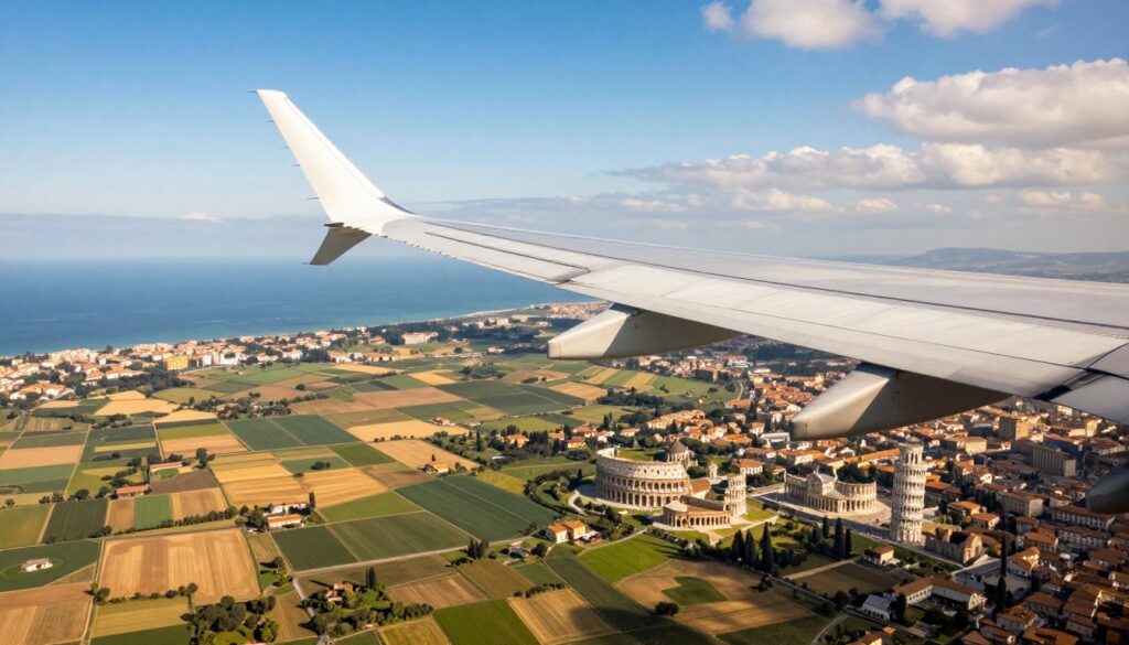 A vibrant aerial view of an airplane flying smoothly above a patchwork of fields and coastal landscapes, representing a direct flight to Italy. In the foreground, the wing of the airplane is visible, casting a soft shadow. In the middle ground, the sunlit countryside transitions into urban areas with iconic Italian landmarks like the Colosseum and Leaning Tower of Pisa peeking through. The background features a clear blue sky with scattered clouds, suggesting a serene and efficient journey. The lighting is warm and inviting, creating a sense of comfort and excitement about travel. Capture the essence of direct flights with a sleek, modern design of the airplane, evoking feelings of adventure and anticipation. A vibrant aerial view of an airplane flying smoothly above a patchwork of fields and coastal landscapes, representing a direct flight to Italy. In the foreground, the wing of the airplane is visible, casting a soft shadow. In the middle ground, the sunlit countryside transitions into urban areas with iconic Italian landmarks like the Colosseum and Leaning Tower of Pisa peeking through. The background features a clear blue sky with scattered clouds, suggesting a serene and efficient journey. The lighting is warm and inviting, creating a sense of comfort and excitement about travel. Capture the essence of direct flights with a sleek, modern design of the airplane, evoking feelings of adventure and anticipation.
