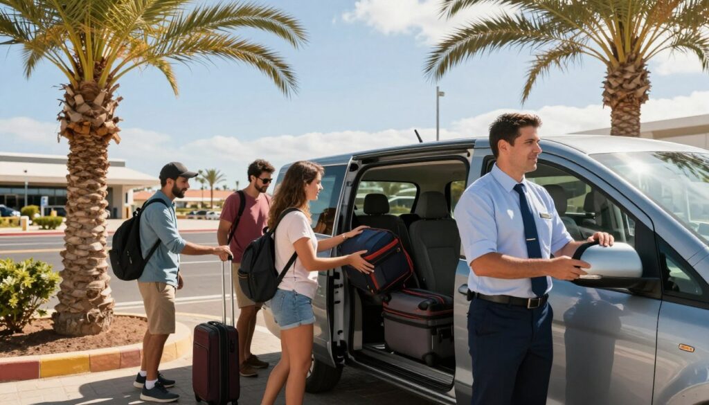A vibrant airport scene illustrating a transfer from an airport to a resort on Fuerteventura. In the foreground, depict a professional driver in a smart uniform, standing beside a sleek, modern vehicle. The middle ground features travelers with modest casual clothing, eagerly loading their luggage into the vehicle, filled with excitement for their island adventure. Soft sunlight filters through palm trees framing the view, with a bright blue sky above. In the background, include elements of the airport building with a hint of tropical landscape visible. The atmosphere should feel welcoming and lively, highlighting the start of a relaxing holiday. Use natural lighting to create a warm, inviting ambiance, with a focus on capturing the movement and energy of travelers embarking on vacation. A vibrant airport scene illustrating a transfer from an airport to a resort on Fuerteventura. In the foreground, depict a professional driver in a smart uniform, standing beside a sleek, modern vehicle. The middle ground features travelers with modest casual clothing, eagerly loading their luggage into the vehicle, filled with excitement for their island adventure. Soft sunlight filters through palm trees framing the view, with a bright blue sky above. In the background, include elements of the airport building with a hint of tropical landscape visible. The atmosphere should feel welcoming and lively, highlighting the start of a relaxing holiday. Use natural lighting to create a warm, inviting ambiance, with a focus on capturing the movement and energy of travelers embarking on vacation.