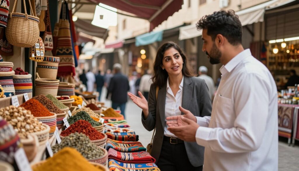 A vibrant bazaar scene in Egypt, showcasing two people engaged in a lively negotiation over colorful textiles and handcrafted goods. In the foreground, a man in a crisp, modest casual shirt and a woman in a professional, culturally appropriate outfit are animatedly discussing prices, their expressions indicating a friendly yet assertive negotiation. The middle ground features a stall overflowing with exotic spices, artisan crafts, and woven baskets, while the background reveals sunlit market stalls under colorful awnings, creating a bustling atmosphere. The lighting is warm and inviting, casting soft shadows, best captured with a slightly low-angle shot to emphasize the dynamism of the negotiation. The overall mood is spirited and engaging, reflecting the essence of bargaining in a vibrant marketplace.