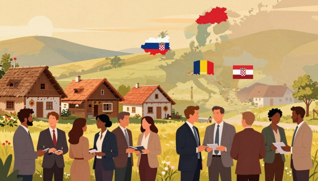 A vibrant illustration depicting the essence of social relations and national minorities in Central Europe, focusing on Hungary's borders. The foreground features a diverse group of individuals in professional business attire, engaging in conversation and cultural exchange, reflecting camaraderie and unity. In the middle, include traditional houses and small shops showcasing Hungarian and neighboring architectural styles, symbolizing shared heritage. The background shows rolling hills and the silhouette of the nearby borders with neighboring countries like Austria, Slovakia, Romania, Croatia, and Serbia, under a warm, late afternoon light that casts a golden hue, enhancing the atmosphere of community and connection. The scene conveys a harmonious blend of cultures, capturing the spirit of neighborly unity amidst diversity.