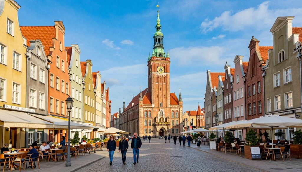 A vibrant, picturesque view of the Royal Way (Droga Królewska) in Gdańsk, showcasing its historic architecture and lively atmosphere. In the foreground, cobblestone streets are lined with charming shops and cafes, while elegantly dressed pedestrians stroll along, capturing the essence of city life. The middle ground features iconic buildings such as the Gdańsk Town Hall with its striking clock tower and colorful facades of medieval houses adorned with intricate details. In the background, the silhouette of St. Mary’s Church rises majestically under a bright blue sky, casting soft shadows on the street below. The scene is bathed in warm afternoon sunlight, enhancing the inviting ambiance of the historic heart of Gdańsk, creating a sense of discovery and timeless beauty.