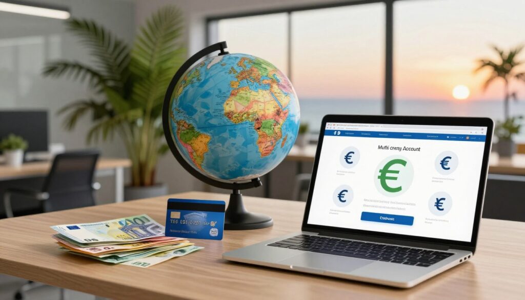 A vibrant, professional setting showcasing a multi-currency account infographic. In the foreground, an elegant laptop displaying a clean user interface with various currency symbols, prominently featuring the Euro. Next to the laptop, a stack of colorful international currency notes and a sleek credit card. In the middle, a globe emphasizing Europe and Croatia, surrounded by lush green tropical plants to evoke a vacation feel. The background includes a softly illuminated office space with large windows and a view of the Adriatic coastline at sunset, reflecting a warm and inviting atmosphere. The overall mood is one of financial empowerment and travel ease, with natural light enhancing the image's clarity and vibrancy.