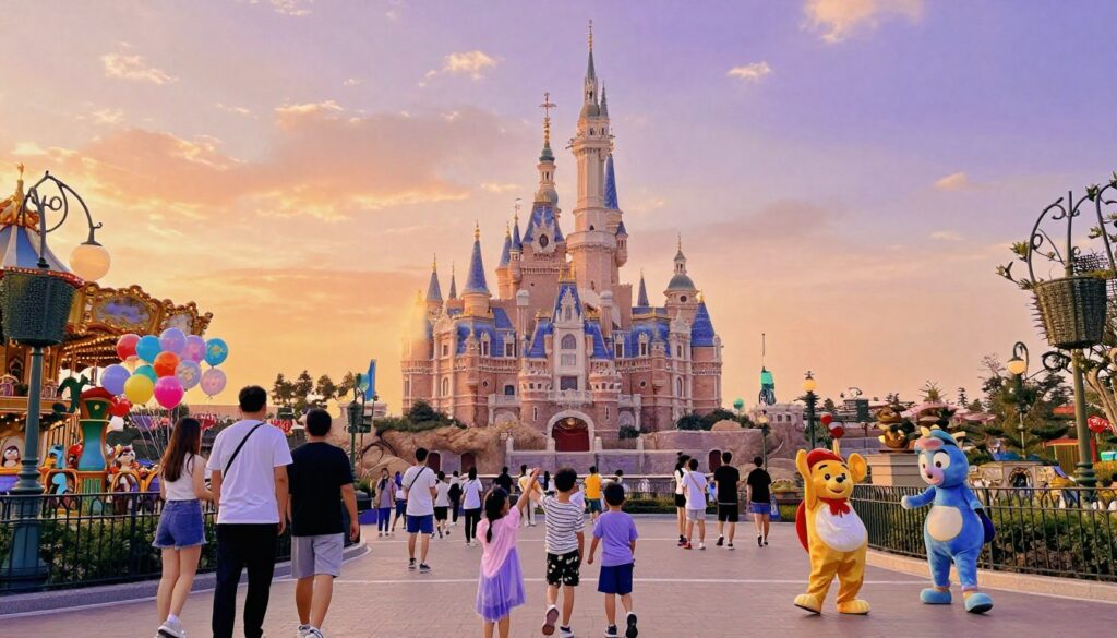 A vibrant scene capturing the enchanting atmosphere of Disneyland Paris, focusing on the iconic Sleeping Beauty Castle in the background, bathed in soft, warm twilight lighting. In the foreground, a diverse group of families and children, dressed in casual attire, are joyfully exploring attractions and rides, with a carousel and themed characters nearby. The middle ground shows colorful balloons and decorated pathways leading to various amusement rides, enhancing the festive atmosphere. The sky is a mix of orange and purple hues, creating a magical glow that adds to the overall whimsical feel. The composition should have a slightly wide-angle perspective to encompass the excitement of the park, making the viewer feel as if they are part of this cheerful celebration.