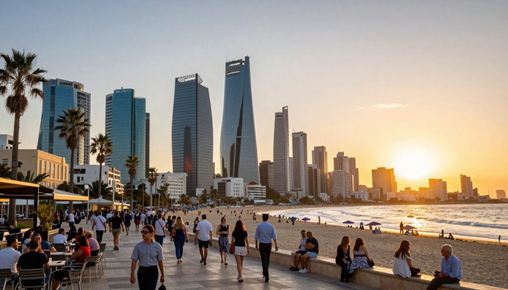 A vibrant scene depicting Tel Aviv's iconic skyline at sunset, showcasing modern architecture with gleaming glass facades and historic Bauhaus buildings. In the foreground, a bustling promenade filled with tourists and locals enjoying outdoor cafes, all dressed in smart casual clothing. In the middle ground, the picturesque beach with gentle waves lapping against the shore, dotted with colorful umbrellas. The background features majestic skyscrapers and the sun dipping below the horizon, casting a warm golden glow over the scene. Capture the lively atmosphere with dynamic lighting, using a wide-angle lens for an expansive view that conveys the energy and charm of this vibrant city.