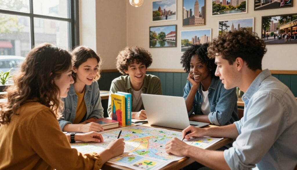 A vibrant scene depicting a bustling travel planning session about New York City. In the foreground, a diverse group of four friends huddled over a large map spread out on a café table, each engaging and excited. They are dressed in comfortable, casual clothing. In the middle, colorful travel books and a laptop show iconic NYC landmarks, such as the Statue of Liberty and Central Park. Bright sunlight filters through a nearby window, casting a warm glow over the scene. In the background, the café’s walls are adorned with photographs of famous New York locations, creating an inviting and adventurous atmosphere. The overall mood is one of anticipation and enthusiasm for exploring the city. A vibrant scene depicting a bustling travel planning session about New York City. In the foreground, a diverse group of four friends huddled over a large map spread out on a café table, each engaging and excited. They are dressed in comfortable, casual clothing. In the middle, colorful travel books and a laptop show iconic NYC landmarks, such as the Statue of Liberty and Central Park. Bright sunlight filters through a nearby window, casting a warm glow over the scene. In the background, the café’s walls are adorned with photographs of famous New York locations, creating an inviting and adventurous atmosphere. The overall mood is one of anticipation and enthusiasm for exploring the city.