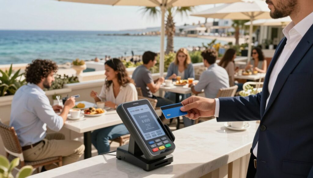 A vibrant scene depicting a picturesque outdoor café on a sunny day in Cyprus, showcasing the use of payment cards. In the foreground, a professional-looking person in business attire is confidently using a contactless payment card on a sleek mobile point-of-sale device. In the middle ground, small groups of people are sitting at tables enjoying coffee and delicacies, with some having cash and cards visible for context. The background reveals the beautiful coastal landscape with palm trees and the blue Mediterranean Sea, radiating a warm and inviting atmosphere. The soft afternoon light enhances the colors, creating a cheerful and lively mood. Capture the scene from a slight elevated angle to encompass the café and the stunning backdrop, focusing on the integration of modern payment methods in this idyllic setting. A vibrant scene depicting a picturesque outdoor café on a sunny day in Cyprus, showcasing the use of payment cards. In the foreground, a professional-looking person in business attire is confidently using a contactless payment card on a sleek mobile point-of-sale device. In the middle ground, small groups of people are sitting at tables enjoying coffee and delicacies, with some having cash and cards visible for context. The background reveals the beautiful coastal landscape with palm trees and the blue Mediterranean Sea, radiating a warm and inviting atmosphere. The soft afternoon light enhances the colors, creating a cheerful and lively mood. Capture the scene from a slight elevated angle to encompass the café and the stunning backdrop, focusing on the integration of modern payment methods in this idyllic setting.