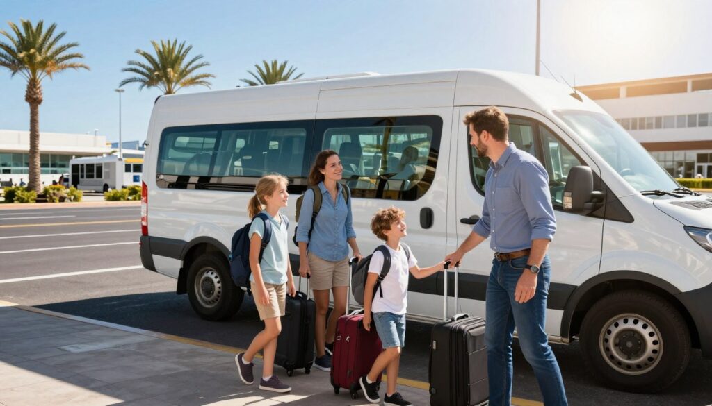 A vibrant scene depicting a smooth airport transfer to a hotel in Tenerife. In the foreground, a professional-looking driver is helping a family with luggage, showcasing friendly interaction. The family is dressed in modest casual clothing, expressing excitement for their holiday. In the middle ground, a modern shuttle van with large windows is parked beside the airport terminal, with palm trees and a clear blue sky in the background, suggesting a warm, inviting atmosphere. The setting captures the essence of a stress-free travel experience. Light beams through the van's windows, creating a bright and cheerful ambiance. The scene is framed from an eye-level angle, emphasizing the connection between travelers and the transfer process. The overall mood is one of anticipation and comfort. A vibrant scene depicting a smooth airport transfer to a hotel in Tenerife. In the foreground, a professional-looking driver is helping a family with luggage, showcasing friendly interaction. The family is dressed in modest casual clothing, expressing excitement for their holiday. In the middle ground, a modern shuttle van with large windows is parked beside the airport terminal, with palm trees and a clear blue sky in the background, suggesting a warm, inviting atmosphere. The setting captures the essence of a stress-free travel experience. Light beams through the van's windows, creating a bright and cheerful ambiance. The scene is framed from an eye-level angle, emphasizing the connection between travelers and the transfer process. The overall mood is one of anticipation and comfort.