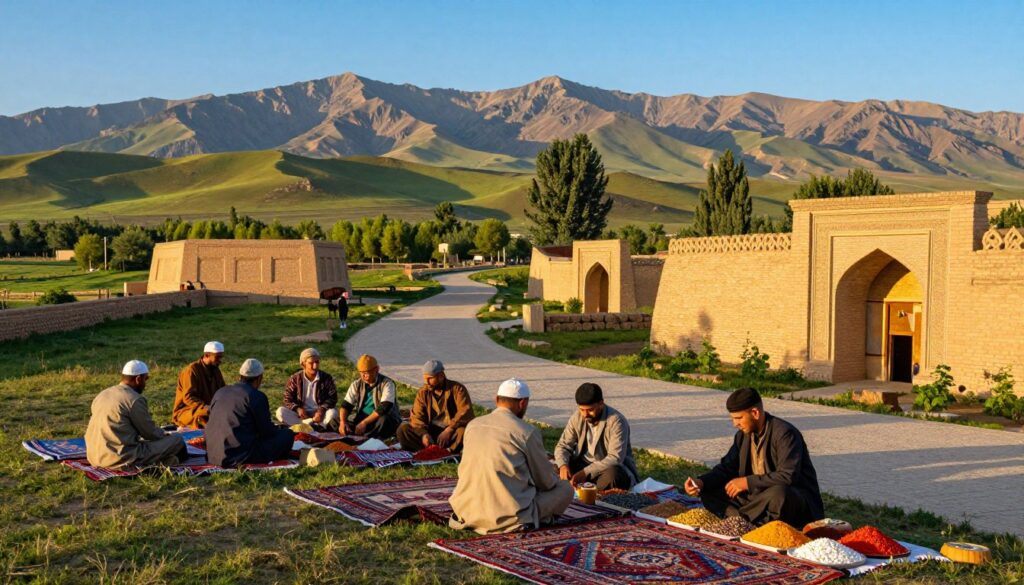 A vibrant scene depicting the heritage of the Silk Road in the border regions of Central Asia, featuring lush landscapes with rolling hills and ancient caravanserais. In the foreground, richly adorned traders in modest traditional attire engage in commerce, displaying colorful rugs and spices. The middle ground showcases a winding path, flanked by ancient stone structures and lush greenery, evoking a sense of history and trade. The background features dramatic mountains under a clear blue sky, suggesting a sense of adventure and exploration. The lighting captures the golden hue of a late afternoon sun, creating a warm and inviting atmosphere, with a focus on textures and colors to evoke the rich cultural tapestry of the Silk Road. The composition should maintain a harmonious balance between the elements for an immersive visual experience. A vibrant scene depicting the heritage of the Silk Road in the border regions of Central Asia, featuring lush landscapes with rolling hills and ancient caravanserais. In the foreground, richly adorned traders in modest traditional attire engage in commerce, displaying colorful rugs and spices. The middle ground showcases a winding path, flanked by ancient stone structures and lush greenery, evoking a sense of history and trade. The background features dramatic mountains under a clear blue sky, suggesting a sense of adventure and exploration. The lighting captures the golden hue of a late afternoon sun, creating a warm and inviting atmosphere, with a focus on textures and colors to evoke the rich cultural tapestry of the Silk Road. The composition should maintain a harmonious balance between the elements for an immersive visual experience.