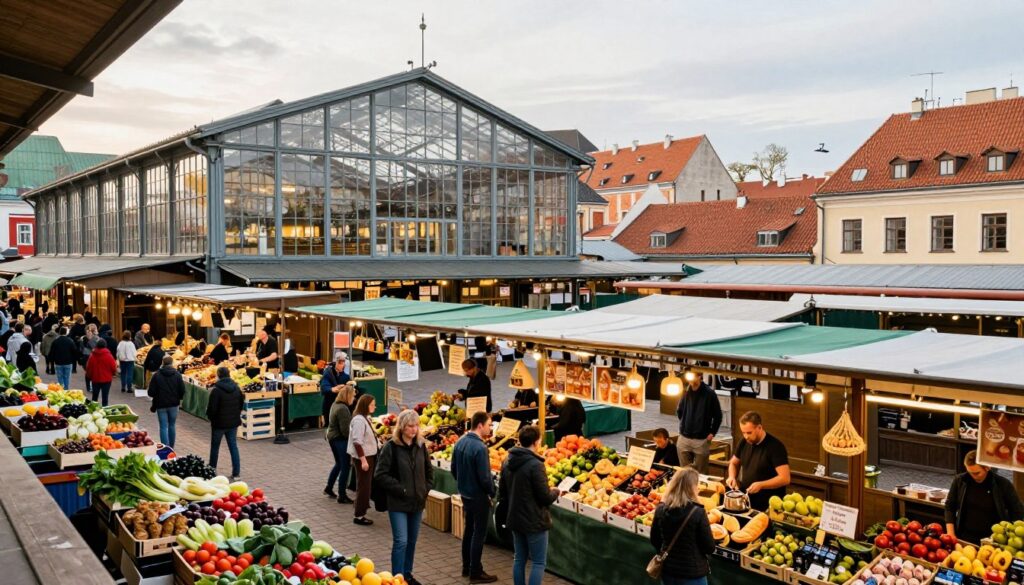 A vibrant scene of Targ Centralny in Riga, showcasing its distinctive architecture and bustling atmosphere. In the foreground, a colorful array of fresh produce and local delicacies displayed at market stalls, with shoppers examining items and vendors engaging with customers. The middle ground reveals the iconic, large glass and metal structures of the market hall, filled with natural light streaming through the windows. In the background, the charming rooftops of Old Town can be glimpsed, enhancing the historical ambiance. The scene captures a lively, inviting mood with warm, soft lighting, evoking a sense of culinary exploration in a busy urban market. The angle is slightly elevated, offering a comprehensive view of both the market and the surrounding city. A vibrant scene of Targ Centralny in Riga, showcasing its distinctive architecture and bustling atmosphere. In the foreground, a colorful array of fresh produce and local delicacies displayed at market stalls, with shoppers examining items and vendors engaging with customers. The middle ground reveals the iconic, large glass and metal structures of the market hall, filled with natural light streaming through the windows. In the background, the charming rooftops of Old Town can be glimpsed, enhancing the historical ambiance. The scene captures a lively, inviting mood with warm, soft lighting, evoking a sense of culinary exploration in a busy urban market. The angle is slightly elevated, offering a comprehensive view of both the market and the surrounding city.