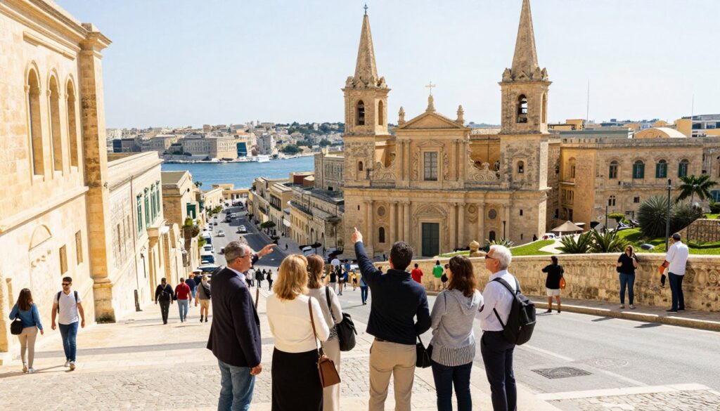 A vibrant scene of Valletta, Malta's capital, showcasing its stunning architecture and rich history. In the foreground, a diverse group of tourists, dressed in professional casual attire, eagerly exploring the city, pointing at landmarks. The middle ground features the iconic St. John's Co-Cathedral with its ornate facade and surrounding narrow cobblestone streets bustling with locals and visitors. In the background, the majestic Grand Harbour glistens under a bright midday sun, enhancing the warm, inviting atmosphere. The image is shot at a slightly elevated angle to capture the city's charm, with a soft focus on the background to emphasize the lively scene in the foreground, conveying a sense of excitement and discovery in this historical capital.