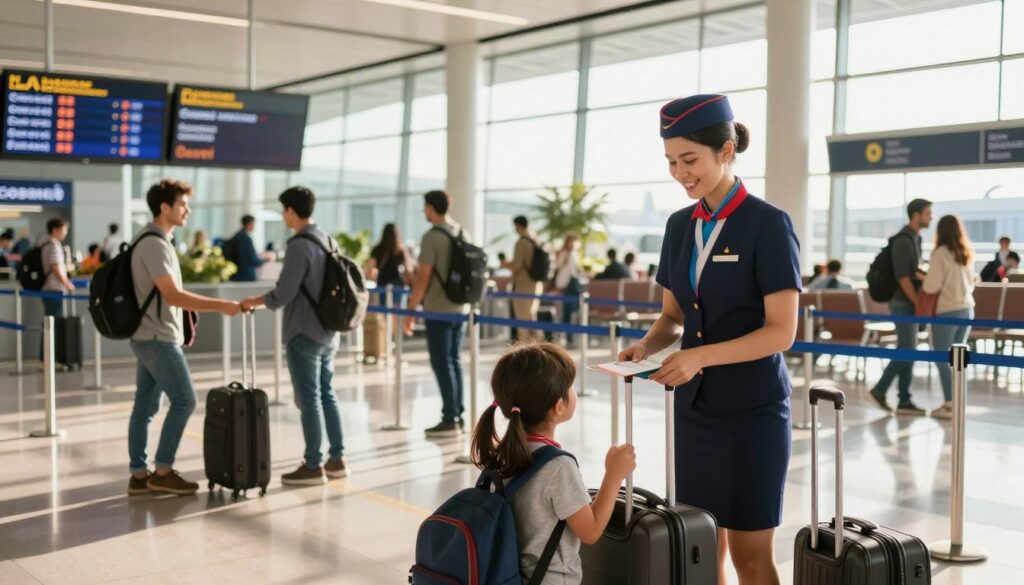 A vibrant scene of a modern airport terminal bustling with travelers checking in for direct flights. In the foreground, a friendly airline staff member, dressed in a professional uniform, assists a family with their luggage and boarding passes. The middle area features animated passengers waiting at the boarding gate, with visible flight information boards displaying destinations including Hurghada. The background showcases large windows with sunlight streaming in, casting warm reflections on the polished floors, creating a cheerful atmosphere. Soft, natural lighting enhances the welcoming ambiance of the terminal. The overall mood conveys excitement and ease, highlighting the convenience of direct flights compared to connecting flights.