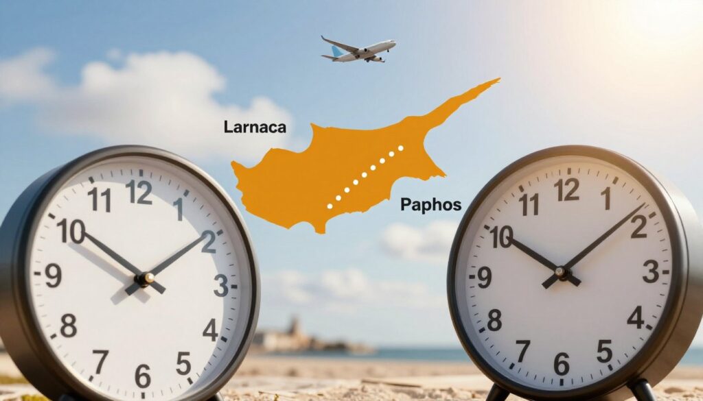 A vibrant split image illustrating the differences in flight times to Larnaca and Paphos in Cyprus. In the foreground, depict two clocks prominently displaying different times, representing the respective flight durations. The middle layer features a stylized map of Cyprus, with Larnaca marked on one side and Paphos on the other, connected by a dotted flight path. The background showcases a bright, sunny sky, symbolizing the Mediterranean atmosphere, with soft clouds and the silhouette of an airplane flying overhead. Use warm lighting to evoke a sense of travel excitement. Capture the image from a slightly elevated angle to give depth, creating a professional and informative feel suitable for an educational article. A vibrant split image illustrating the differences in flight times to Larnaca and Paphos in Cyprus. In the foreground, depict two clocks prominently displaying different times, representing the respective flight durations. The middle layer features a stylized map of Cyprus, with Larnaca marked on one side and Paphos on the other, connected by a dotted flight path. The background showcases a bright, sunny sky, symbolizing the Mediterranean atmosphere, with soft clouds and the silhouette of an airplane flying overhead. Use warm lighting to evoke a sense of travel excitement. Capture the image from a slightly elevated angle to give depth, creating a professional and informative feel suitable for an educational article.
