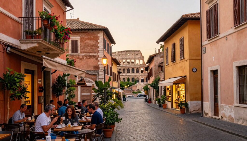A vibrant street in a charming Roman neighborhood, showcasing classic architecture with terracotta rooftops and colorful facades. In the foreground, a quaint café with outdoor seating, where individuals in modest casual clothing sip coffee and engage in conversation. Lush potted plants and hanging flowers adorn the balconies above. The middle ground features narrow cobblestone streets winding through the district, with art galleries and local boutiques lining the sides. In the background, iconic Roman landmarks, such as ancient ruins and softly lit lamp posts, provide a stunning backdrop under a warm golden hour glow. The mood is relaxed and inviting, capturing the essence of Rome’s atmospheric neighborhoods. Use a wide-angle lens to enhance depth and perspective. A vibrant street in a charming Roman neighborhood, showcasing classic architecture with terracotta rooftops and colorful facades. In the foreground, a quaint café with outdoor seating, where individuals in modest casual clothing sip coffee and engage in conversation. Lush potted plants and hanging flowers adorn the balconies above. The middle ground features narrow cobblestone streets winding through the district, with art galleries and local boutiques lining the sides. In the background, iconic Roman landmarks, such as ancient ruins and softly lit lamp posts, provide a stunning backdrop under a warm golden hour glow. The mood is relaxed and inviting, capturing the essence of Rome’s atmospheric neighborhoods. Use a wide-angle lens to enhance depth and perspective.