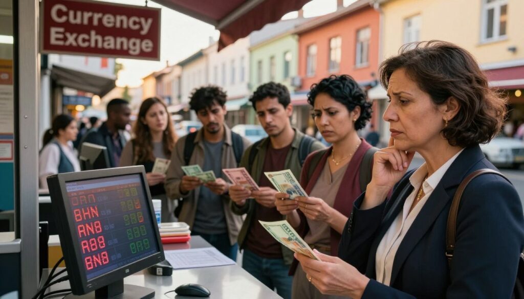 A vibrant street scene depicting a currency exchange area, focusing on a busy outdoor kiosk with a sign indicating "Currency Exchange". In the foreground, show a middle-aged woman in professional attire, looking contemplative as she examines an exchange rate displayed on a digital screen. In the middle ground, include a small crowd of diverse people holding currency notes, appearing to compare rates, with expressions of concern or confusion. The background features a colorful cityscape of buildings and shops to provide context, with warm golden hour lighting casting soft shadows, creating an inviting but cautious atmosphere. The overall mood should reflect the theme of careful decision-making in finance, emphasizing the importance of avoiding random currency exchanges.