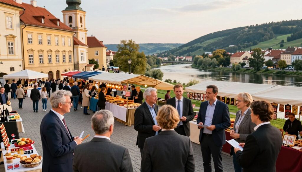 A vibrant street scene depicting the cultural exchange between Austria and the Czech Republic, showcasing traditional Czech and Austrian architecture blended harmoniously. In the foreground, a diverse group of people in professional business attire are engaged in lively conversation, exchanging ideas and art. In the middle ground, colorful market stalls feature Czech and Austrian foods and crafts, symbolizing cultural sharing. The background features a picturesque landscape with rolling hills and a serene river reflecting the sky, under soft, warm lighting that evokes a welcoming atmosphere. The POV is slightly elevated, providing a clear view of the interaction and cultural elements while maintaining focus on the people and offerings, accentuating the mood of connection and celebration of cultural diversity.