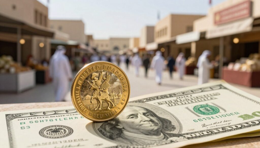 A visually striking image depicting the relationship between the US dollar and the UAE dirham. In the foreground, a close-up of a shiny, golden dirham coin prominently displayed alongside a green US dollar bill, symbolizing currency exchange. In the middle, a soft-focus view of a bustling Dubai market, with traditional Arabic architecture and currency exchange signs in the background. Bright, warm sunlight illuminates the scene, casting soft shadows and creating an inviting atmosphere. Choose a wide-angle lens to capture the vibrancy and movement of the market, conveying a sense of economic activity and cultural richness. Emphasize a professional and sophisticated mood, reflecting the global context of currency exchange. No text or labels included.