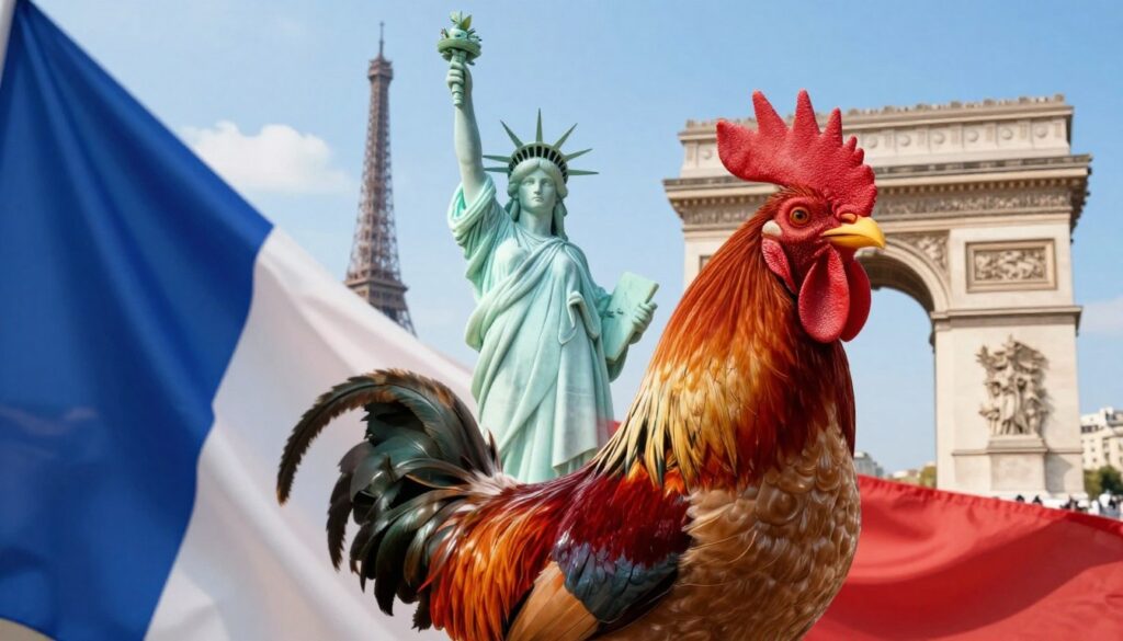 A vivid depiction of national symbols and ideals of the Republic of France, showcasing the iconic Gallic rooster and the tricolor flag in the foreground. In the middle, a stylized representation of Marianne, embodying liberty and reason, stands proud with a laurel wreath. The background features the silhouette of famous landmarks like the Eiffel Tower and the Arc de Triomphe under a bright blue sky, symbolizing unity and resilience. Soft, warm lighting casts a gentle glow, creating a celebratory atmosphere. The composition should be visually striking, with a balanced focus on the symbols that represent French values of liberty, equality, and fraternity. The angle offers a slightly elevated perspective, enhancing depth and drama. A vivid depiction of national symbols and ideals of the Republic of France, showcasing the iconic Gallic rooster and the tricolor flag in the foreground. In the middle, a stylized representation of Marianne, embodying liberty and reason, stands proud with a laurel wreath. The background features the silhouette of famous landmarks like the Eiffel Tower and the Arc de Triomphe under a bright blue sky, symbolizing unity and resilience. Soft, warm lighting casts a gentle glow, creating a celebratory atmosphere. The composition should be visually striking, with a balanced focus on the symbols that represent French values of liberty, equality, and fraternity. The angle offers a slightly elevated perspective, enhancing depth and drama.