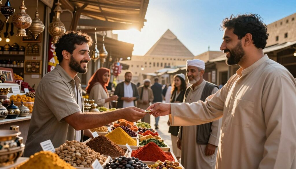 A warm, inviting scene depicting a traditional Egyptian market, showcasing a diverse group of travelers interacting with local vendors. In the foreground, a smiling tourist dressed in modest casual clothing hands a small tip to a friendly vendor, who is wearing a traditional gallabiya. Colorful stalls filled with vibrant spices, fruits, and handicrafts form the middle layer, while a soft, golden sun casts a warm glow, enhancing the atmosphere of hospitality. The background features iconic Egyptian architecture silhouetted against a clear blue sky. The mood is friendly and culturally rich, highlighting the practice of tipping as an important aspect of local customs. Capture this moment with a slightly elevated angle to provide a dynamic perspective.