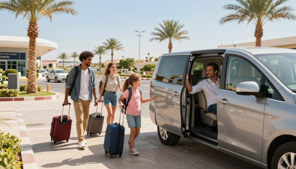 A warm, sunny scene depicting a smooth airport transfer to a hotel in Hurghada. In the foreground, a stylish, modern vehicle with a driver dressed in smart casual attire stands ready, open door welcoming travelers. In the middle ground, an excited family with luggage, representing typical travelers, stepping towards the vehicle, showcasing diverse backgrounds and joyful expressions. The background features a well-kept airport terminal surrounded by palm trees and the lush landscape of Hurghada. A bright blue sky overhead suggests a pleasant day with soft sunlight filtering through. The image should be captured from a slightly elevated angle to provide depth, creating a welcoming and efficient travel atmosphere.