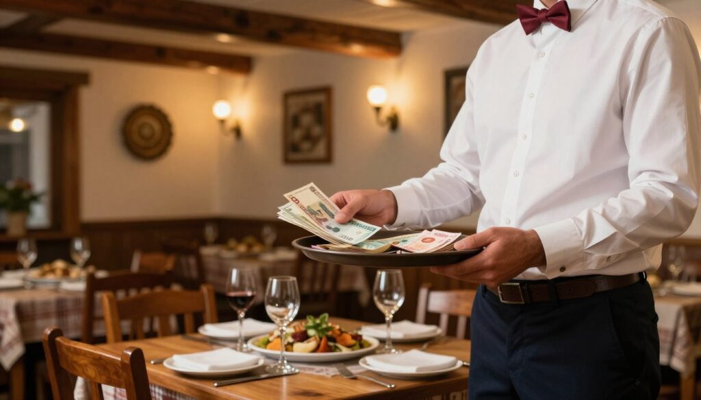 A well-dressed waiter in a traditional Albanian restaurant setting, standing at a wooden table, presenting a small change tray filled with various currencies, illustrating the concept of tipping. The foreground captures the waiter’s vibrant, professional attire, showcasing attention to detail with a crisp white shirt and dark trousers. In the middle, an elegant dining scene featuring a beautifully set table with Albanian cuisine dishes and glasses of local wine. The background features warm ambient lighting that creates a cozy atmosphere, with rustic wooden beams and soft wall sconces. The image is shot from a slight angle to emphasize the interactions of tipping in a cultural context, evoking a sense of hospitality and local customs.