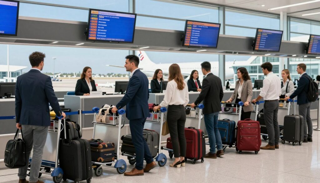 A well-organized airport departure scene depicting travelers preparing for their flight to Tunisia. In the foreground, a diverse group of people wearing professional business attire and modest casual clothing is gathered around a luggage trolley filled with suitcases and travel essentials. In the middle ground, check-in counters with smiling airline staff assist passengers, while digital flight information screens display departure times and destinations. In the background, large windows reveal planes on the tarmac, a clear blue sky visible outside. The image has bright, natural lighting flooding the scene, creating a sense of excitement and anticipation permeating the atmosphere. Capture the bustling energy of the airport while maintaining a professional and orderly feel.