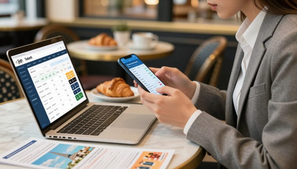 A well-organized travel planning scene focused on budgeting for flight tickets and transfers to Paris. In the foreground, a detailed open laptop displays a flight booking website with various ticket prices and a calculator, surrounded by travel brochures. The middle ground features a stylish, professional individual in business attire, intently comparing prices on a smartphone, exuding a sense of urgency and purpose. The background shows a soft, warm-lit café environment with a French vibe, including croissants and coffee cups, hinting at the destination. The overall atmosphere is one of focused planning and anticipation, with a depth of field effect keeping the foreground sharp while gently blurring the background, creating an inviting yet professional ambiance.