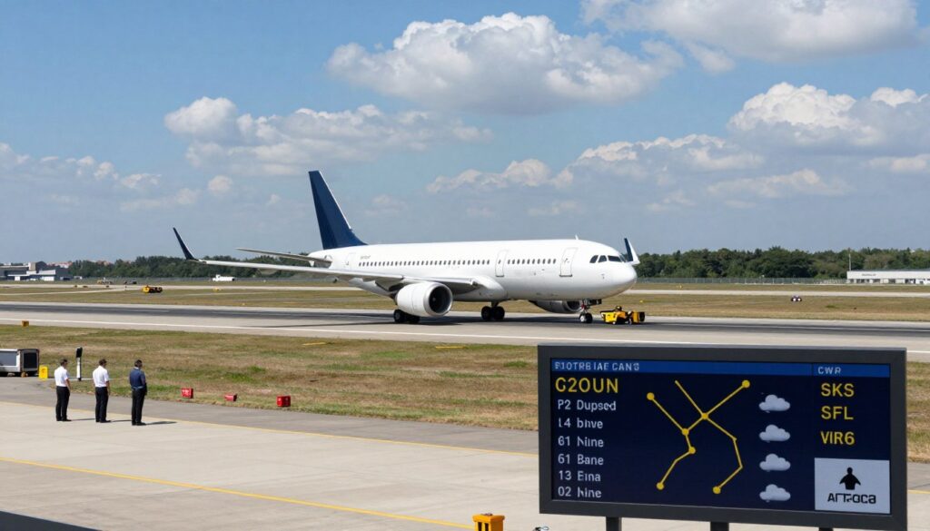 An aerial view of an airport runway with a commercial airplane preparing for takeoff, showcasing factors influencing flight duration. In the foreground, a digital display board highlights important data such as wind speed, weather conditions, and flight path lines. The middle ground features the aircraft taxiing on the runway, surrounded by ground crew in professional business attire. In the background, diverse weather patterns, including clear skies and cloud formations, represent the conditions affecting flight times. The scene is illuminated by bright, natural daylight, enhancing the clarity of the details. Capture a sense of anticipation and efficiency in the atmosphere while emphasizing the complexity of factors impacting flight duration.