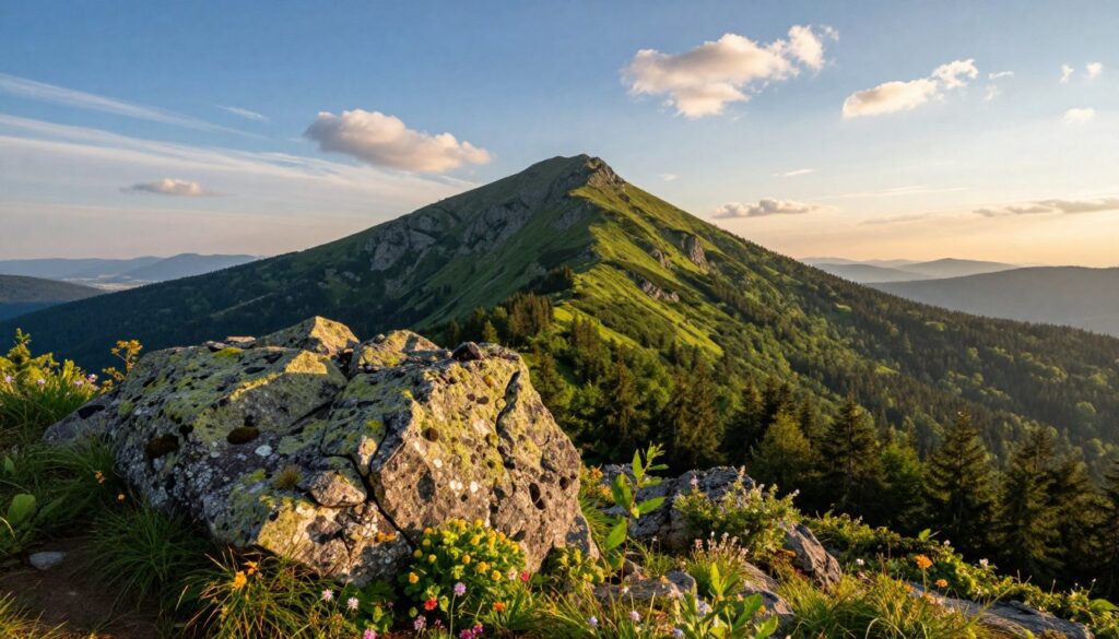 Wysoki Kamień in the Izera Mountains stands majestically, surrounded by lush green forests and rocky terrains. In the foreground, a rugged, moss-covered boulder emerges amidst colorful wildflowers, hinting at the rich biodiversity of the area. The middle ground features the impressive peak of Wysoki Kamień, its rocky outcrops contrasting against a clear blue sky dotted with wispy clouds. In the background, a sweeping panoramic view of the Izera Mountains extends into the distance, bathed in warm golden light from the setting sun, creating a serene and inviting atmosphere. The image captures the tranquil essence of this natural landmark, with gentle sunlight highlighting the textures of the rocks and foliage. Aim for a dynamic angle that emphasizes the grandeur of the mountain while maintaining a peaceful mood. Wysoki Kamień in the Izera Mountains stands majestically, surrounded by lush green forests and rocky terrains. In the foreground, a rugged, moss-covered boulder emerges amidst colorful wildflowers, hinting at the rich biodiversity of the area. The middle ground features the impressive peak of Wysoki Kamień, its rocky outcrops contrasting against a clear blue sky dotted with wispy clouds. In the background, a sweeping panoramic view of the Izera Mountains extends into the distance, bathed in warm golden light from the setting sun, creating a serene and inviting atmosphere. The image captures the tranquil essence of this natural landmark, with gentle sunlight highlighting the textures of the rocks and foliage. Aim for a dynamic angle that emphasizes the grandeur of the mountain while maintaining a peaceful mood.
